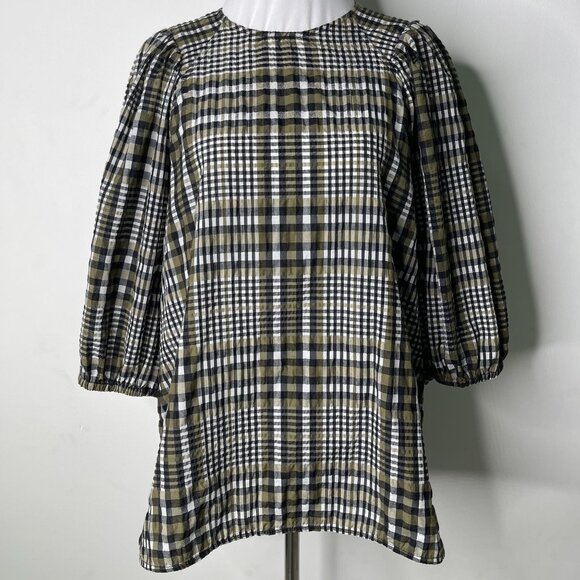 Ganni Women's Tan Black Checkered Puff Sleeve 3/4 Blouse Size 14 US - Picture 1 of 9
